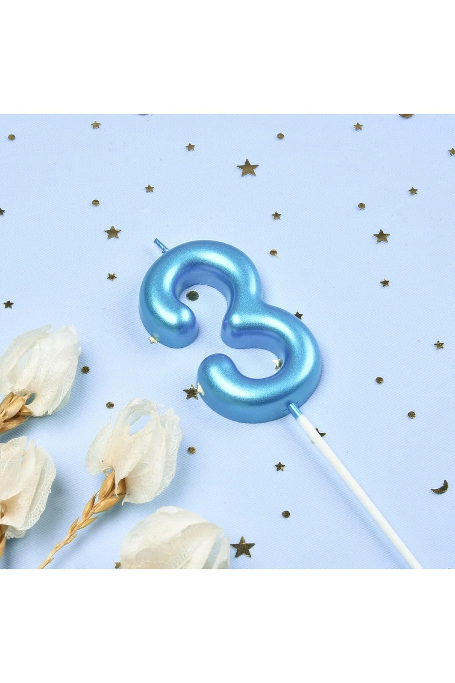 3 YAŞ PARLAK AÇIK MAVİ ŞIK MUM 12 CM gorsel 2
