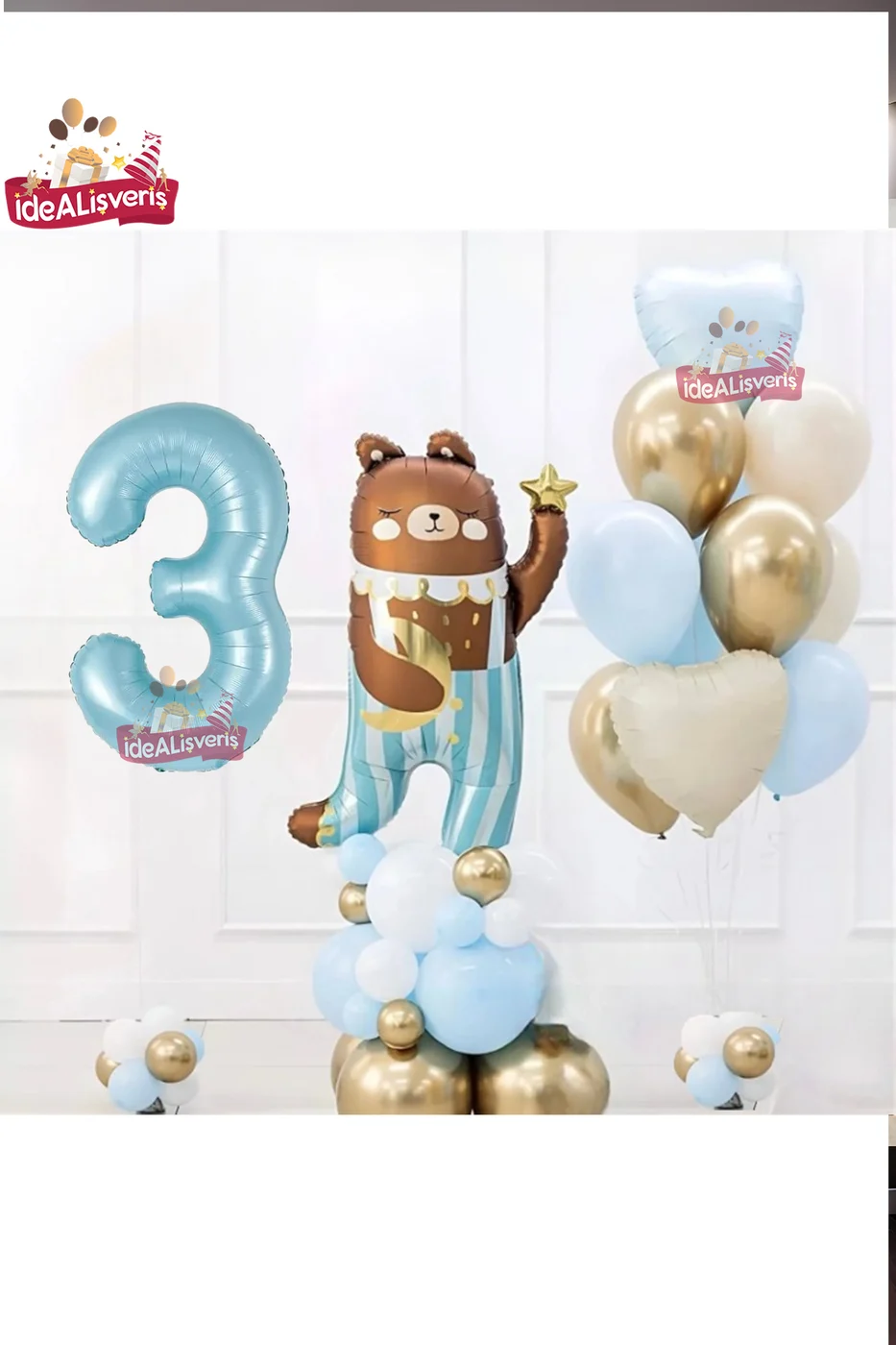 SEVİMLİ TEDDY BEAR AYI FOLYOLU 3 YAŞ MAVİ FOLYOLU DOĞUM GÜNÜ PARTİ SETİ SÜSÜ gorsel 3