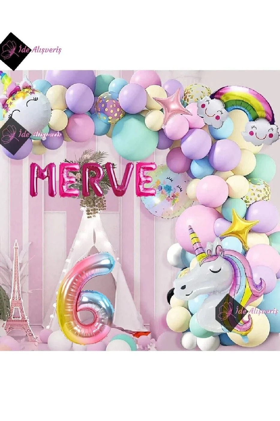 5 Harfli 6 Yaş Gökkuşağı Konsepti Unicorn Temalı Makaron Balon Doğum Günü Parti Kutlama Seti gorsel 3