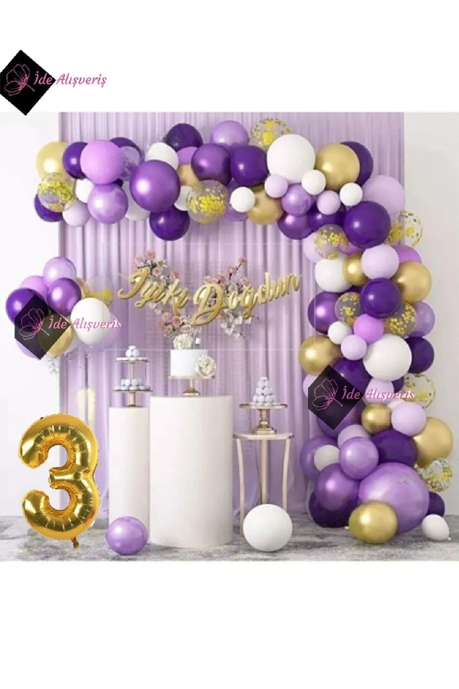 3 Yaş Macaron Mor Balon Zinciri Seti Gölge Mor Altın Balon Dekorasyon