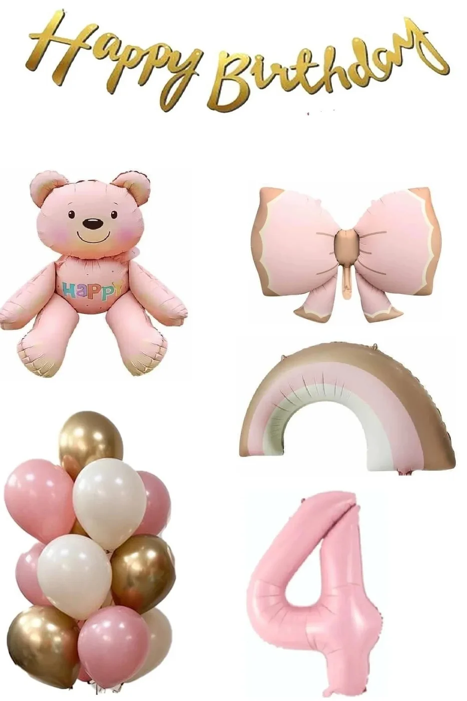 Yaş Balonlu Pembe Ayıcık Gökkuşağı Temalı Kız Bebek Konsept Doğum Günü Parti Seti Süsü gorsel 8
