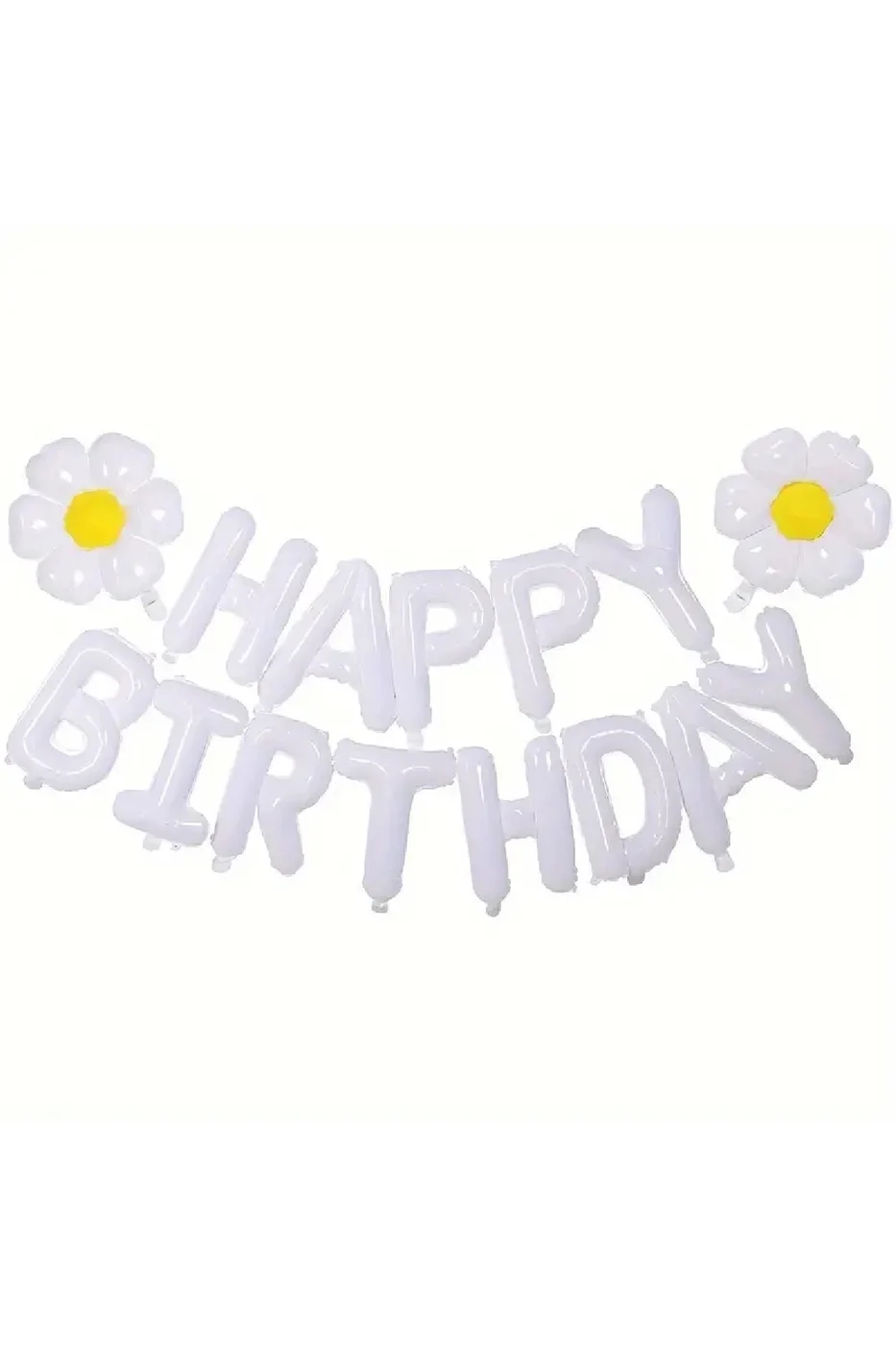 Beyaz Renk Happy Folyo Balonları Pankart Seti, 2 Papatya Balonu ile