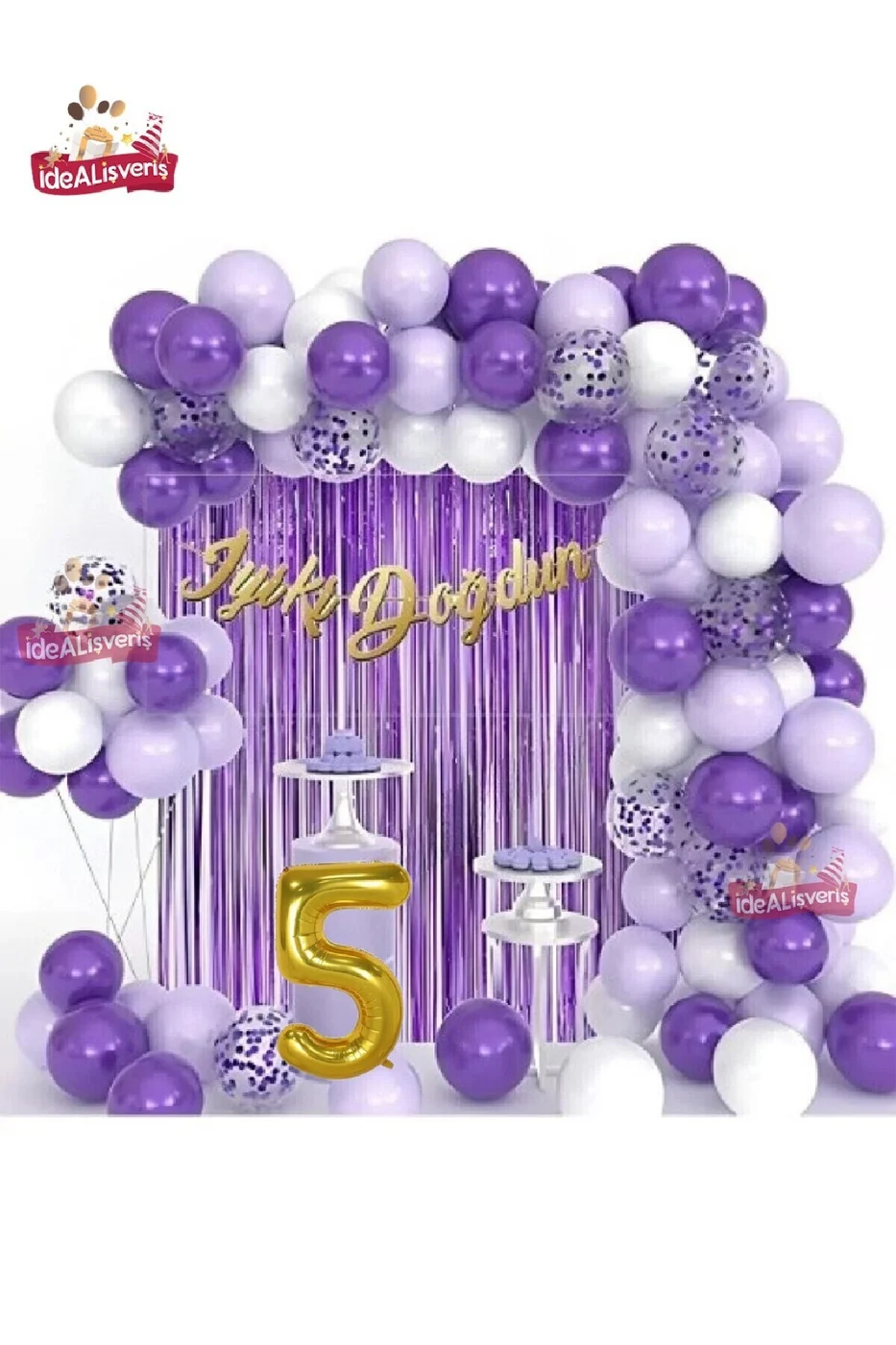 Lüks Mor Lila Beyaz Gold Yaş Folyolu Doğum Günü Balon Zincir Seti gorsel 3