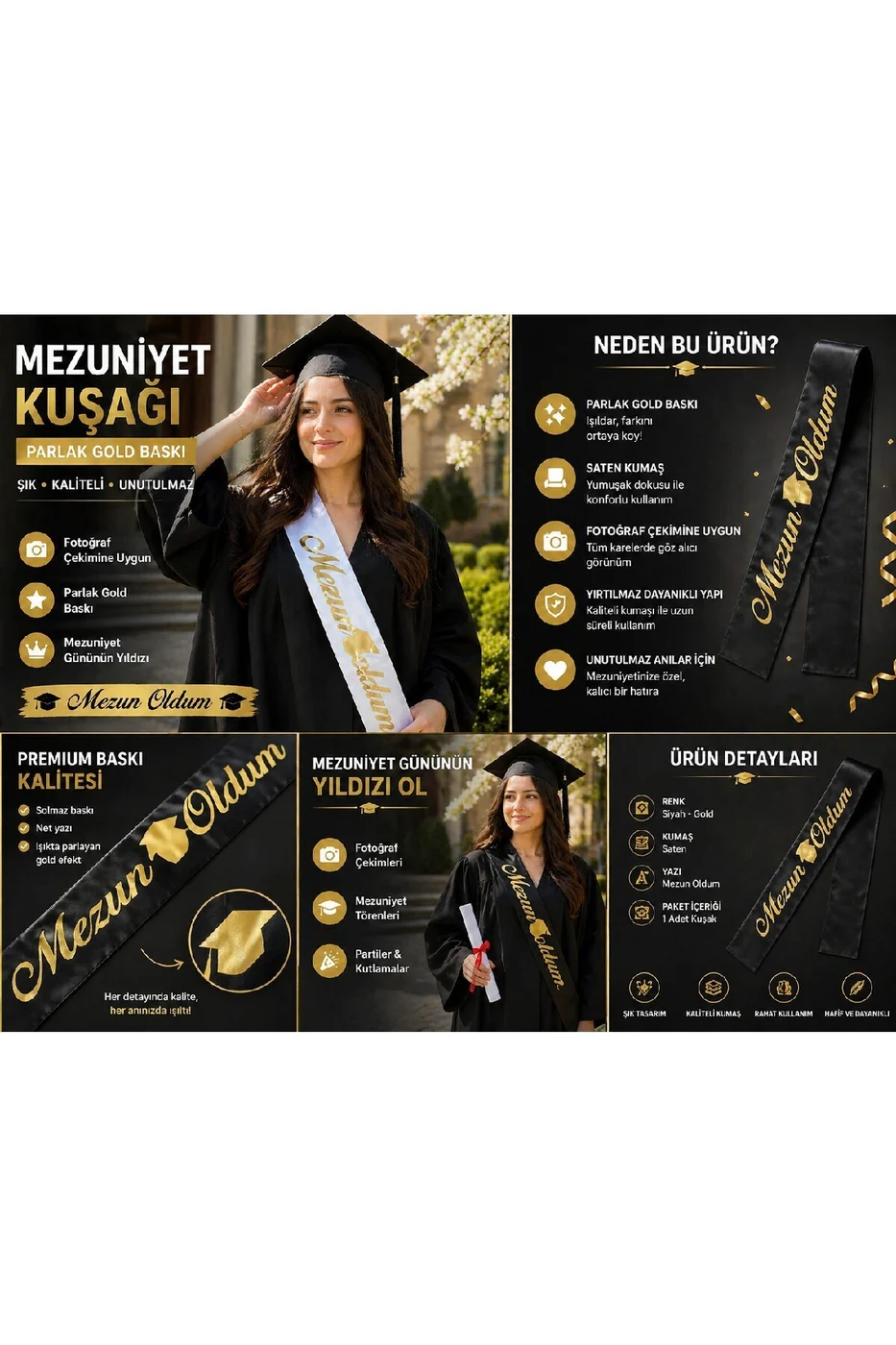 Mezuniyet Kuşağı Siyah Gold Gümüş Beyaz Yazılı – Fotoğraf Çekimi İçin Mezuniyet Kuşağı gorsel 5