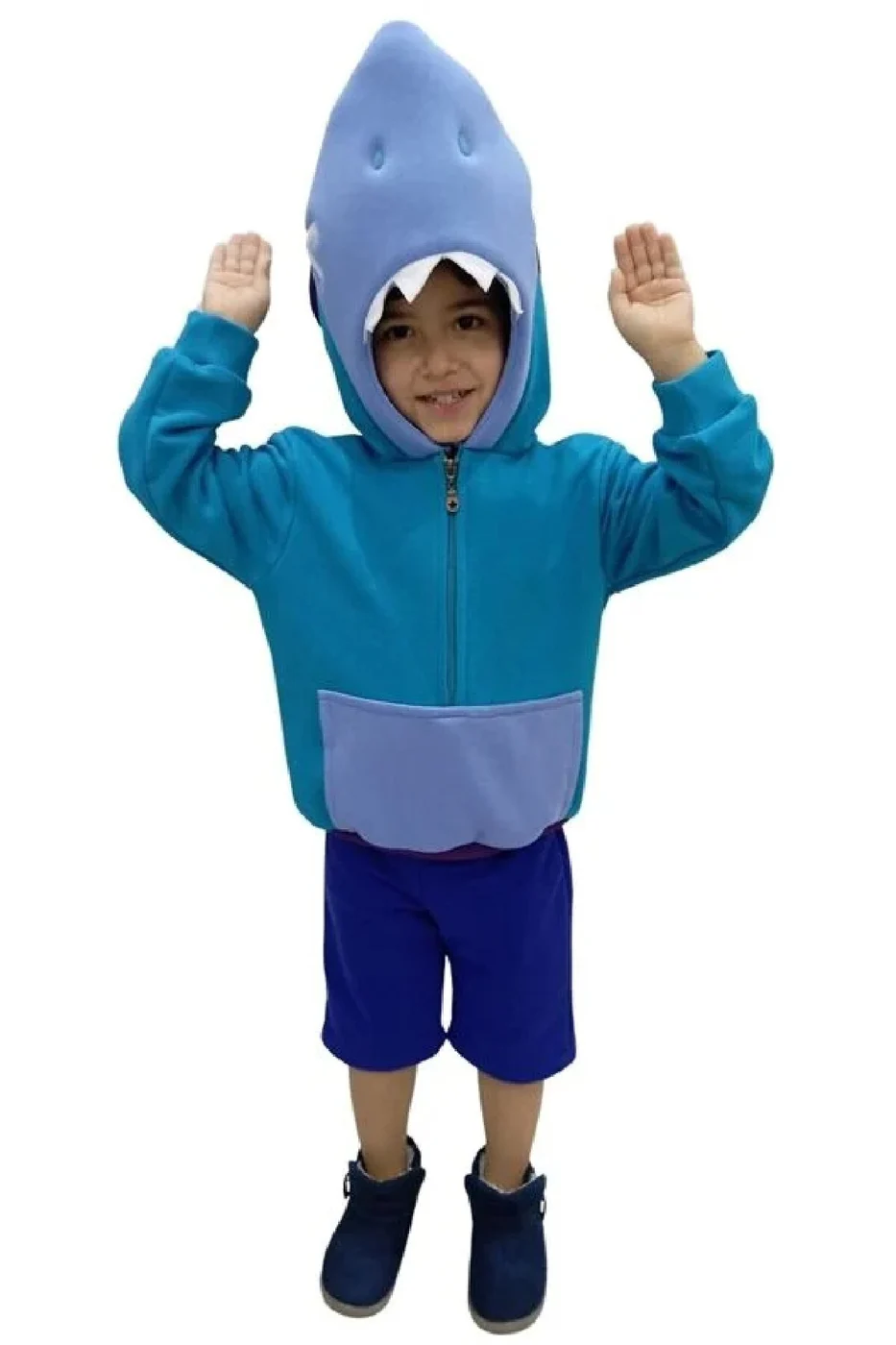 Kapüşonlu Mavi Cosplay Leon Shark Kostümü