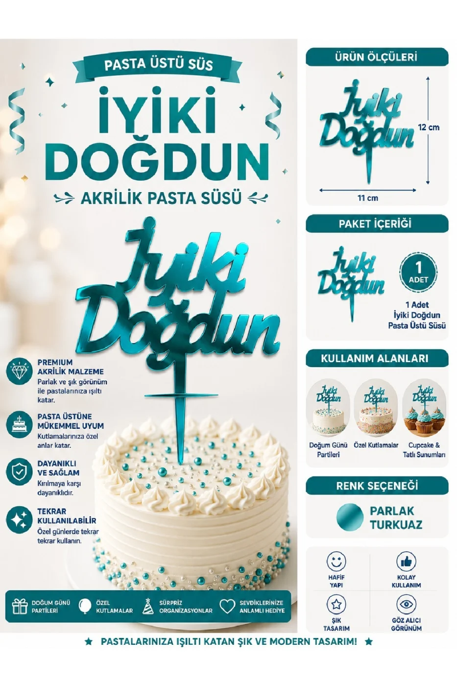 İyiki Doğdun ve Happy Birthday Pasta Üstü Süsü Yazısı Akrilik Parlak Doğum Günü Pasta Yazısı Topper 11x12 cm Doğum Günü Parti Pastası Dekoru gorsel 2