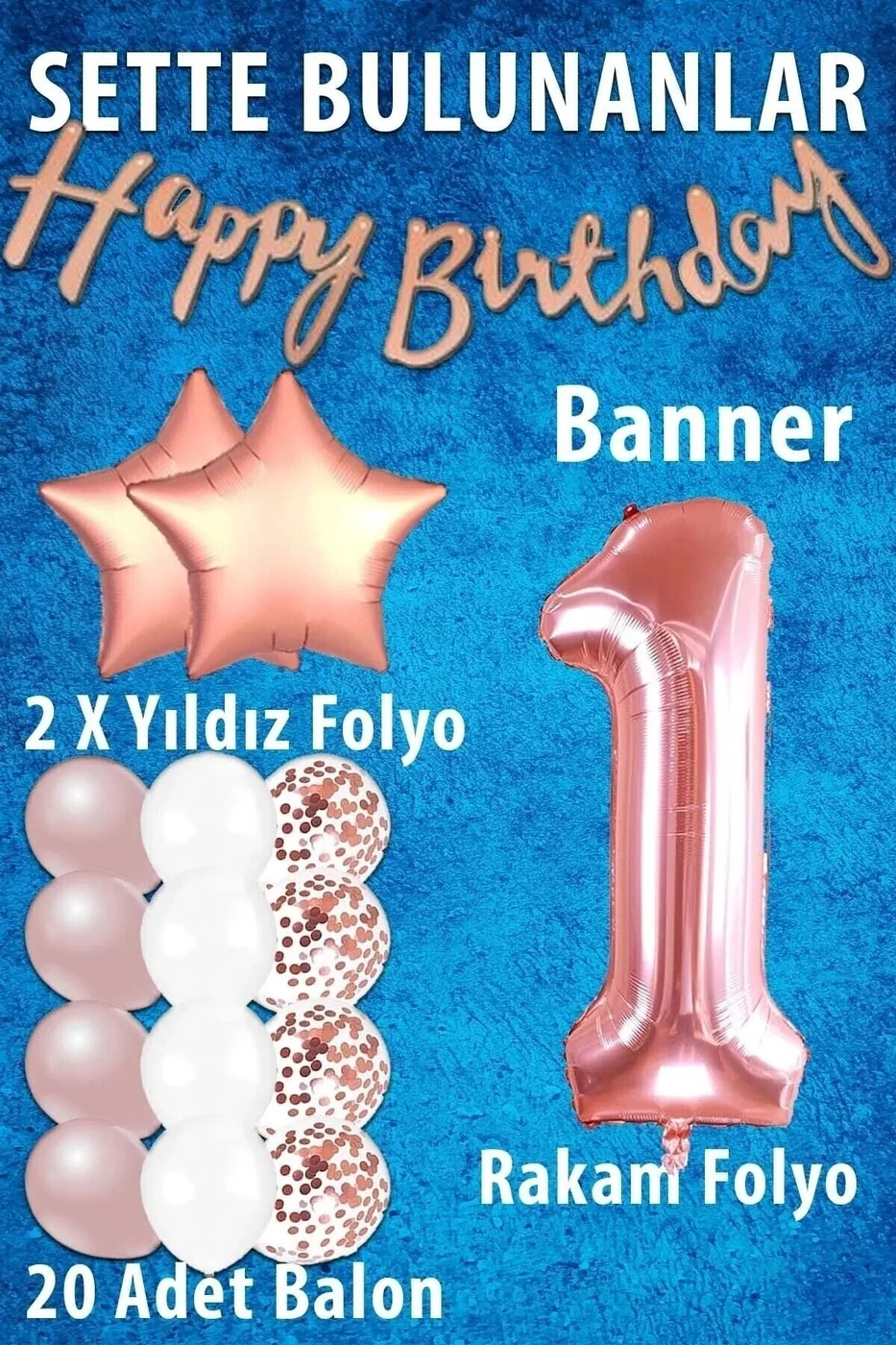 Rose Gold Konsept Yaş Doğum Günü Kutlama Seti; Beyaz Gold Konfetili Balon, Rakam Yıldız gorsel 2
