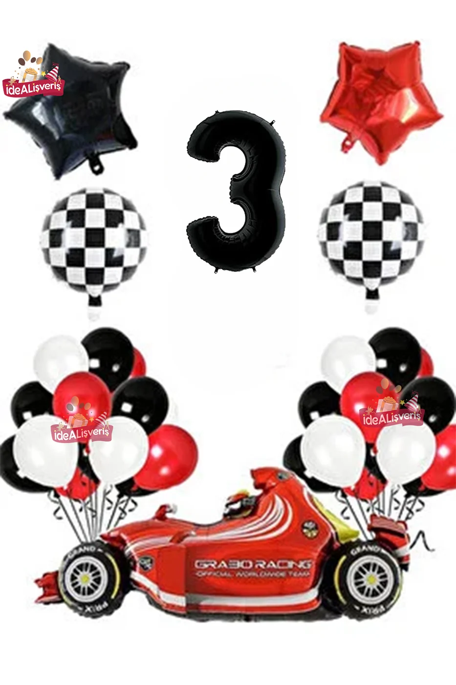 Formula Yarış Arabası 3 Yaş Siyah Kırmızı Beyaz Konsept Doğum Günü Parti Seti