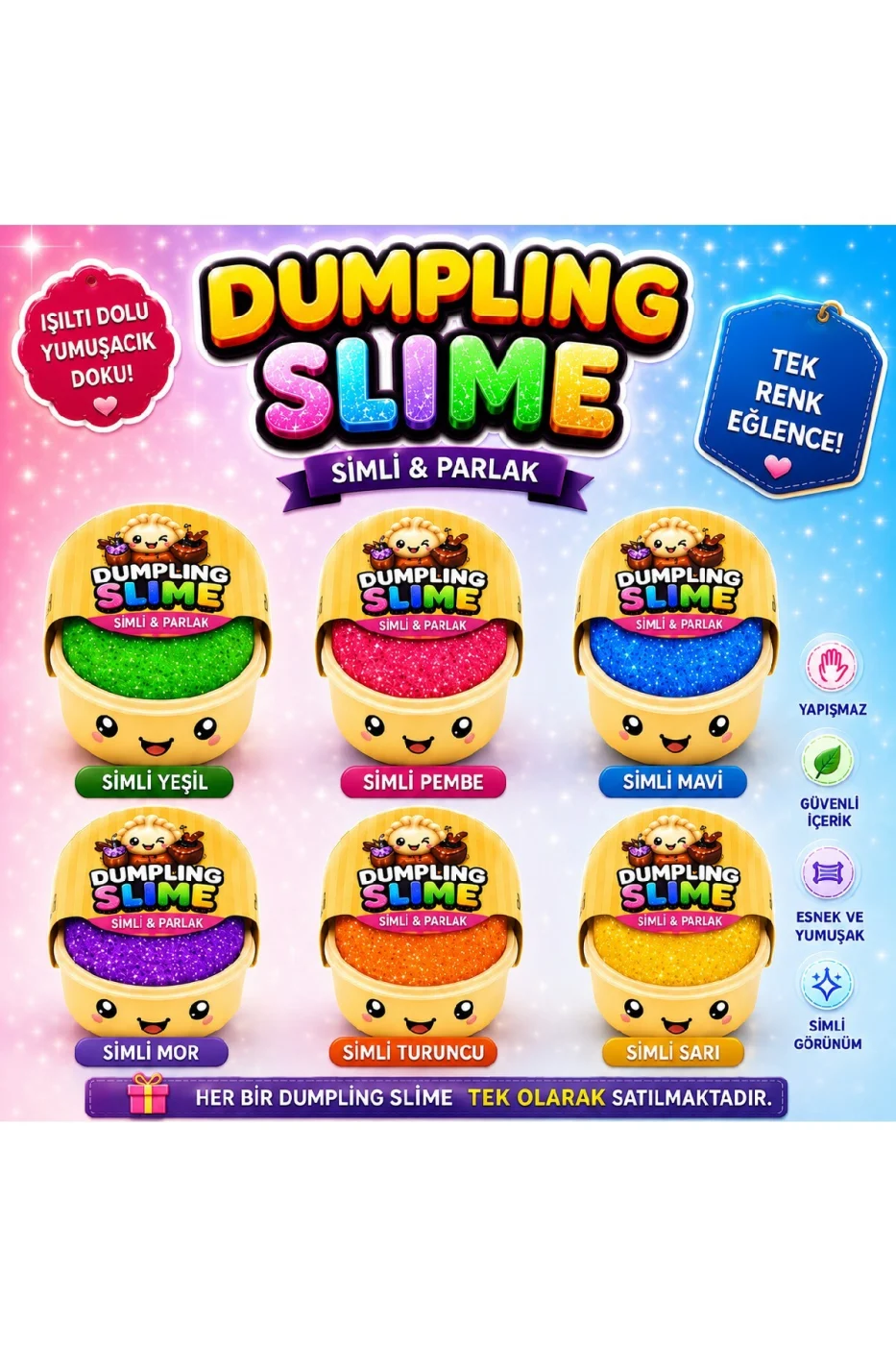 Dumpling Slime Simli Oyun Hamuru Tekli | Glitter Slime | Esnek Yumuşak Doku | Kapaklı Kutu | 6 Renk Seçeneği gorsel 5