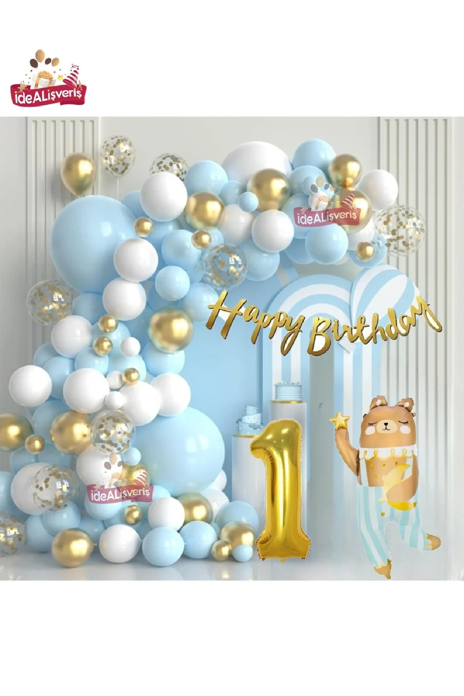 LÜKS TEDDY AYI FOLYOLU GOLD 1 YAŞ FOLYO BALONLU DOĞUM GÜNÜ PARTİ SETİ SÜSÜ gorsel 2