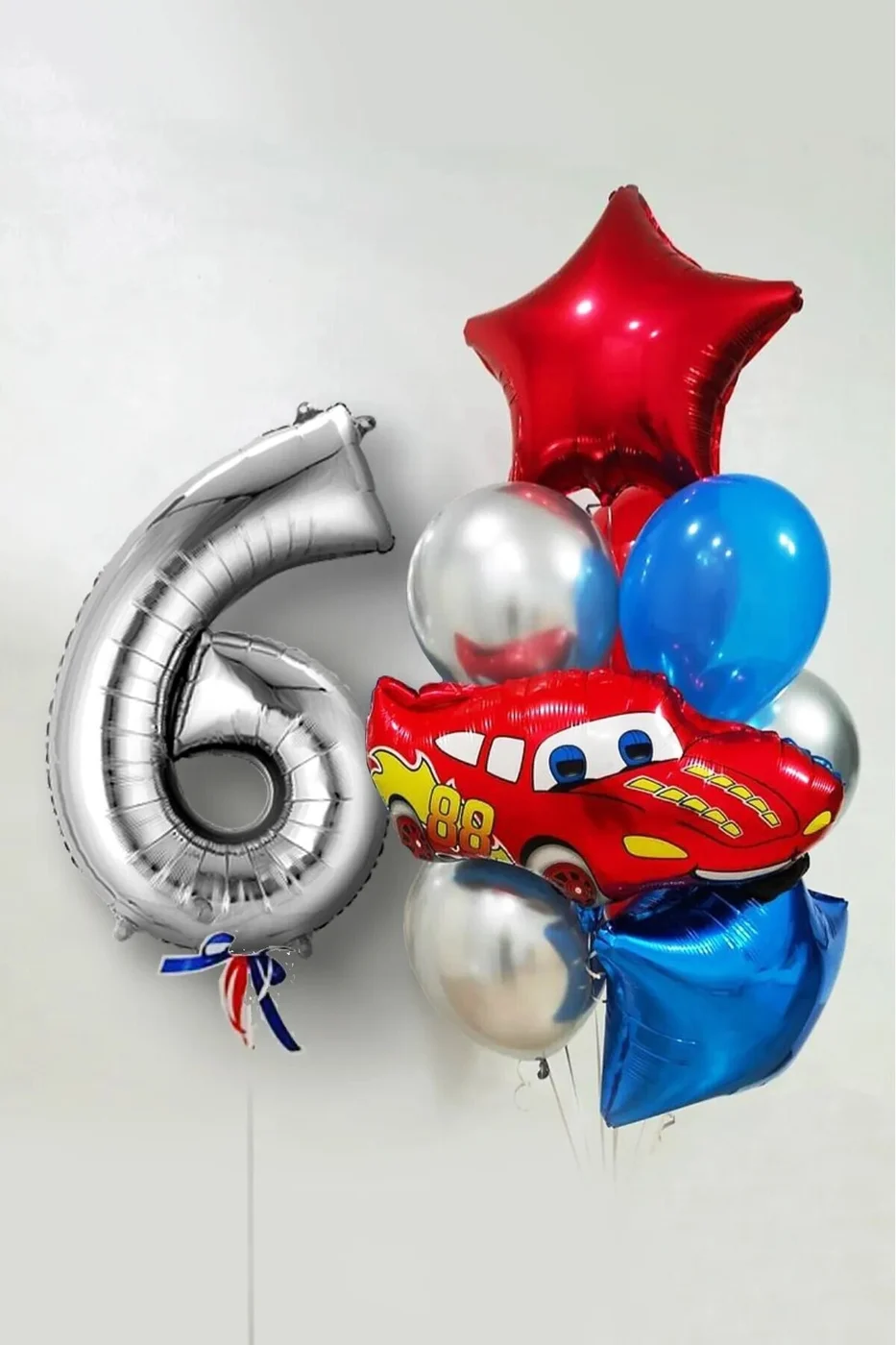 6 Yaş Şimşek Araba Temalı Balon Seti 76cm Gümüş Rakam Balonlu Yıldızlı Set gorsel 3