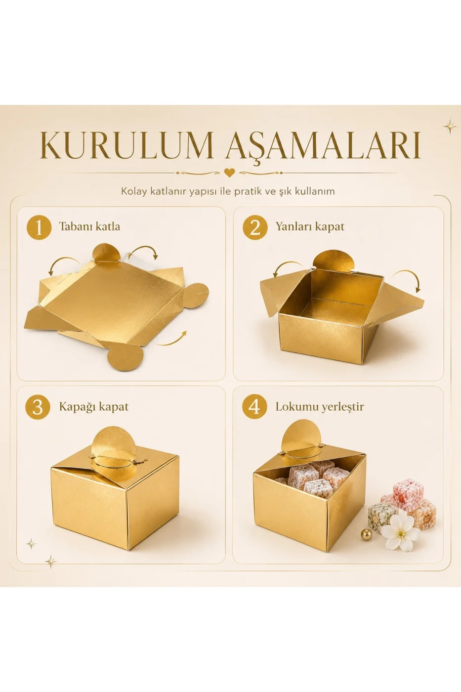 25 Adet Gold Gümüş Lokumluk Kutusu | Söz Nişan Düğün Mevlit Hediyelik Karton Lokum Kutusu | Premium Gold Gümüş gorsel 8