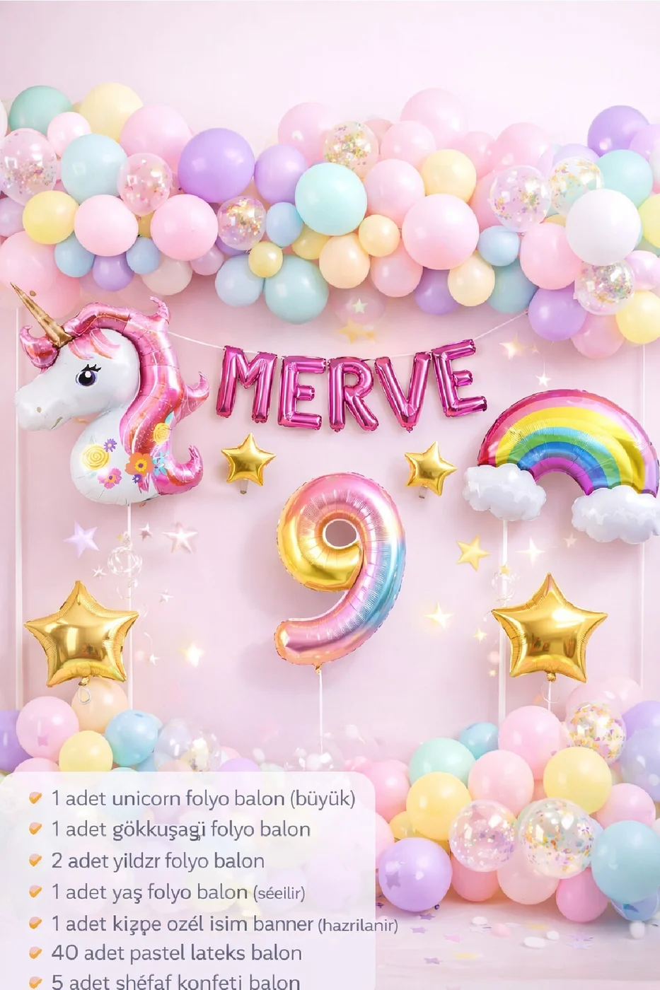 5 Harfli Kişiye Özel Unicorn Doğum Günü Süsü Pastel Balon Zinciri Gökkuşağı Unicorn Balon Parti Seti gorsel 2