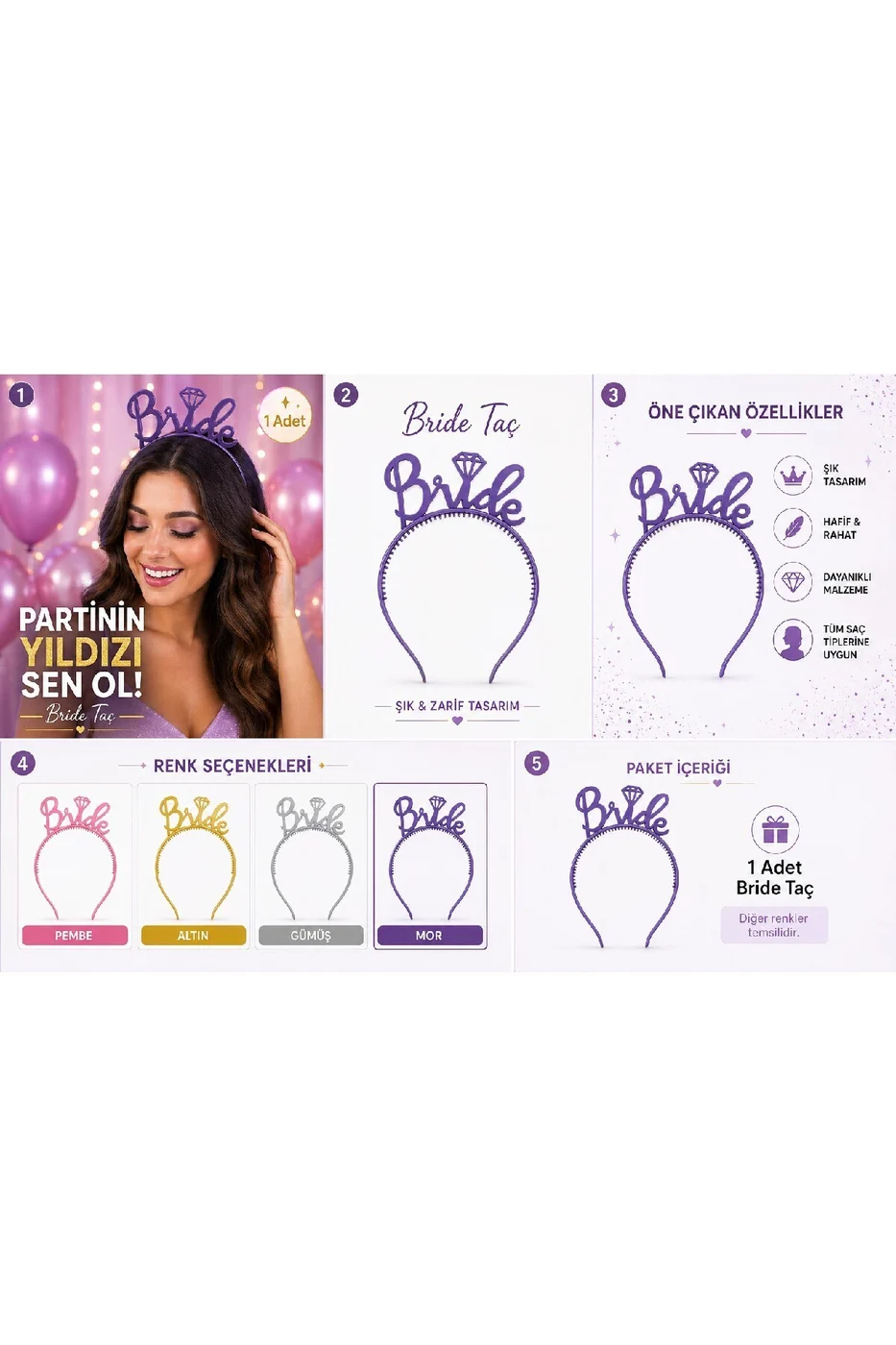 Bride Taç Parti Tacı, Bekarlığa Veda İçin Bride Tacı (Altın, Gümüş, Pembe, Mor Beyaz Siyah) gorsel 3