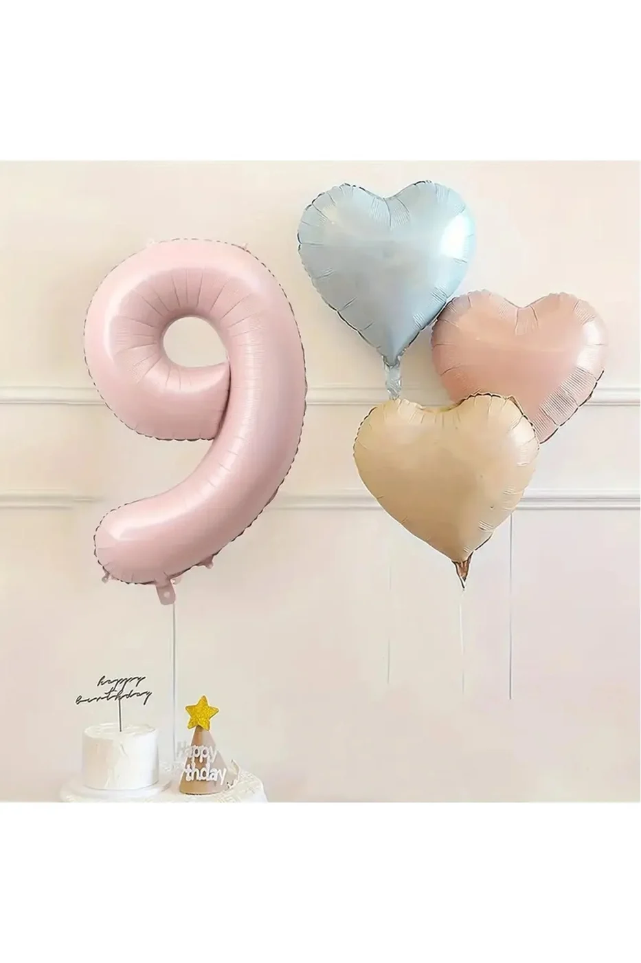 9 Yaş Pembe Rakam Folyo Balon Retro Mavi Pembe Satin Kalp Folyo Balon Doğum Günü Balon Seti