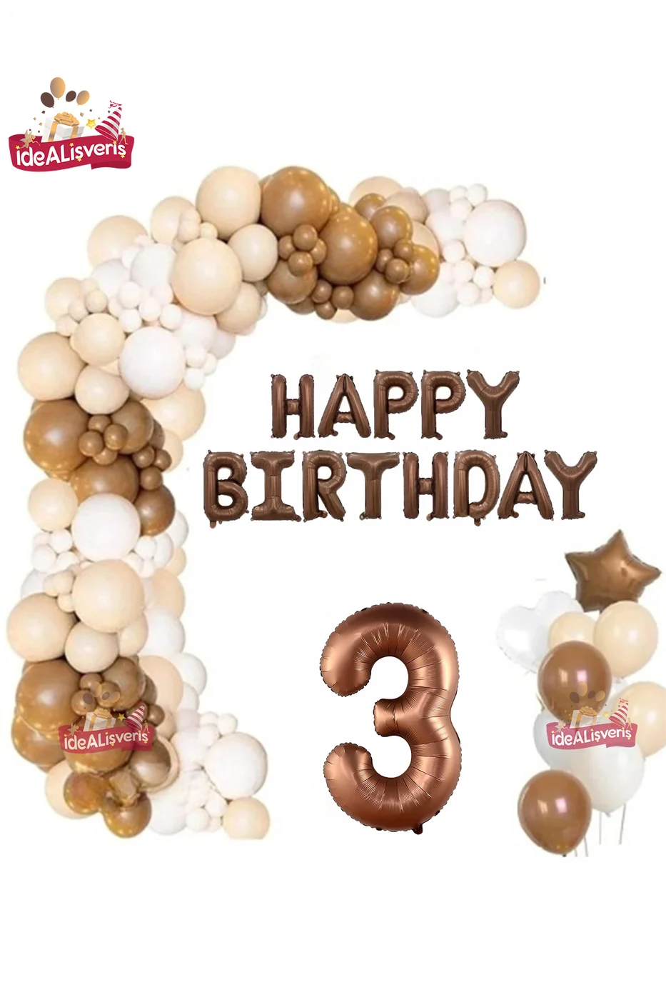 Kahverengi Happy Birthday 3 Yaş Folyo Balon Krem Beyaz Kahverengi Konsept Doğum Günü Parti Seti