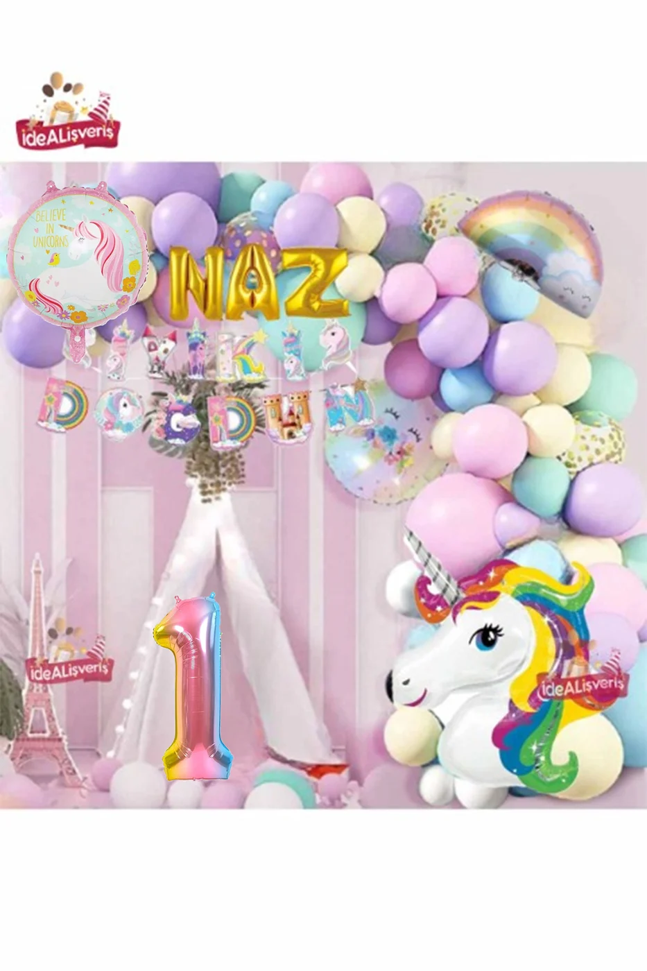 3 Gold Harfli Yaş Karakterli Unicorn Temalı Iyi Ki Doğdun Makaron Balon Doğum Günü Parti Kutlama Set