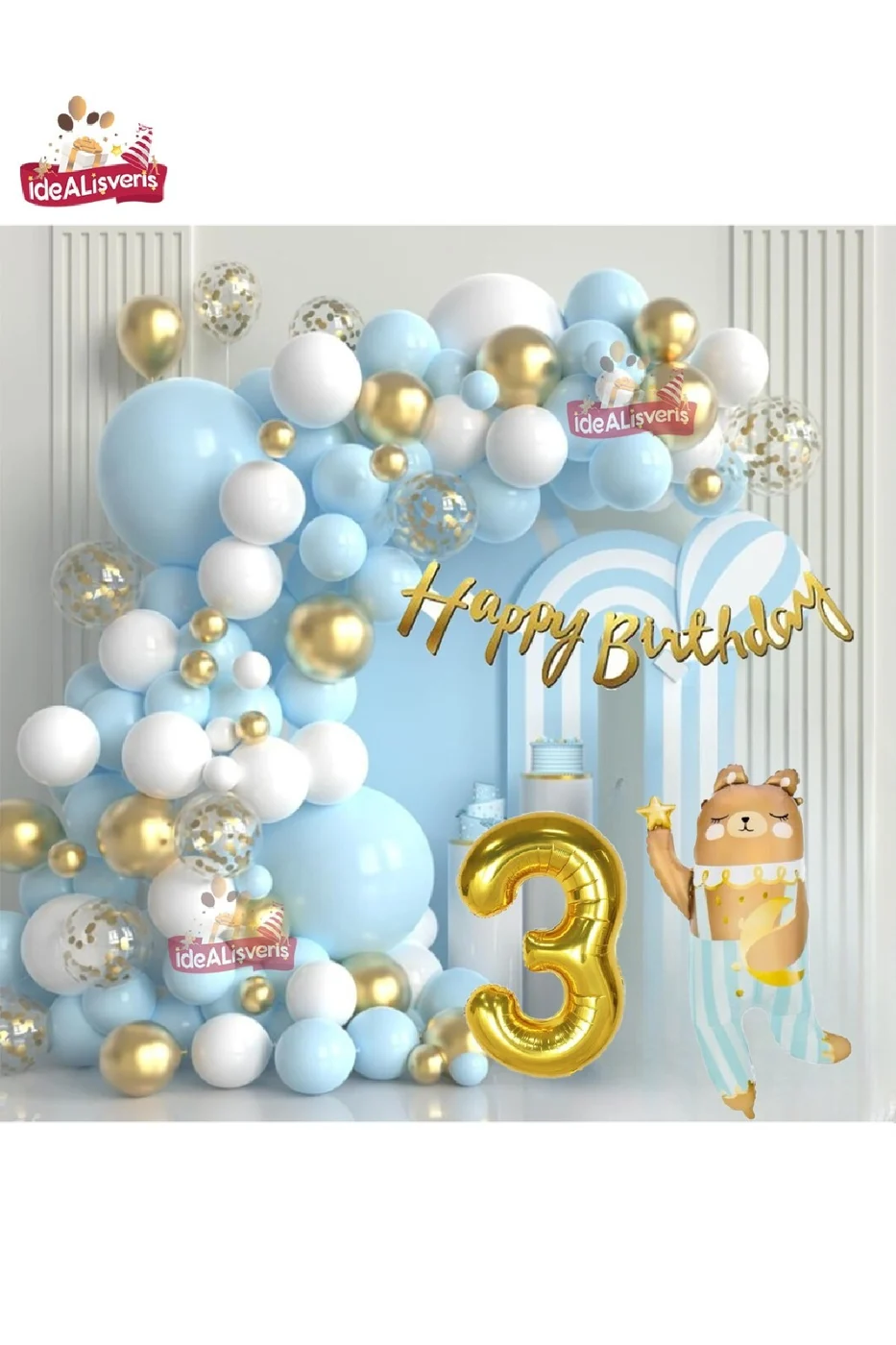 LÜKS TEDDY AYI FOLYOLU GOLD 3 YAŞ FOLYO BALONLU DOĞUM GÜNÜ PARTİ SETİ SÜSÜ