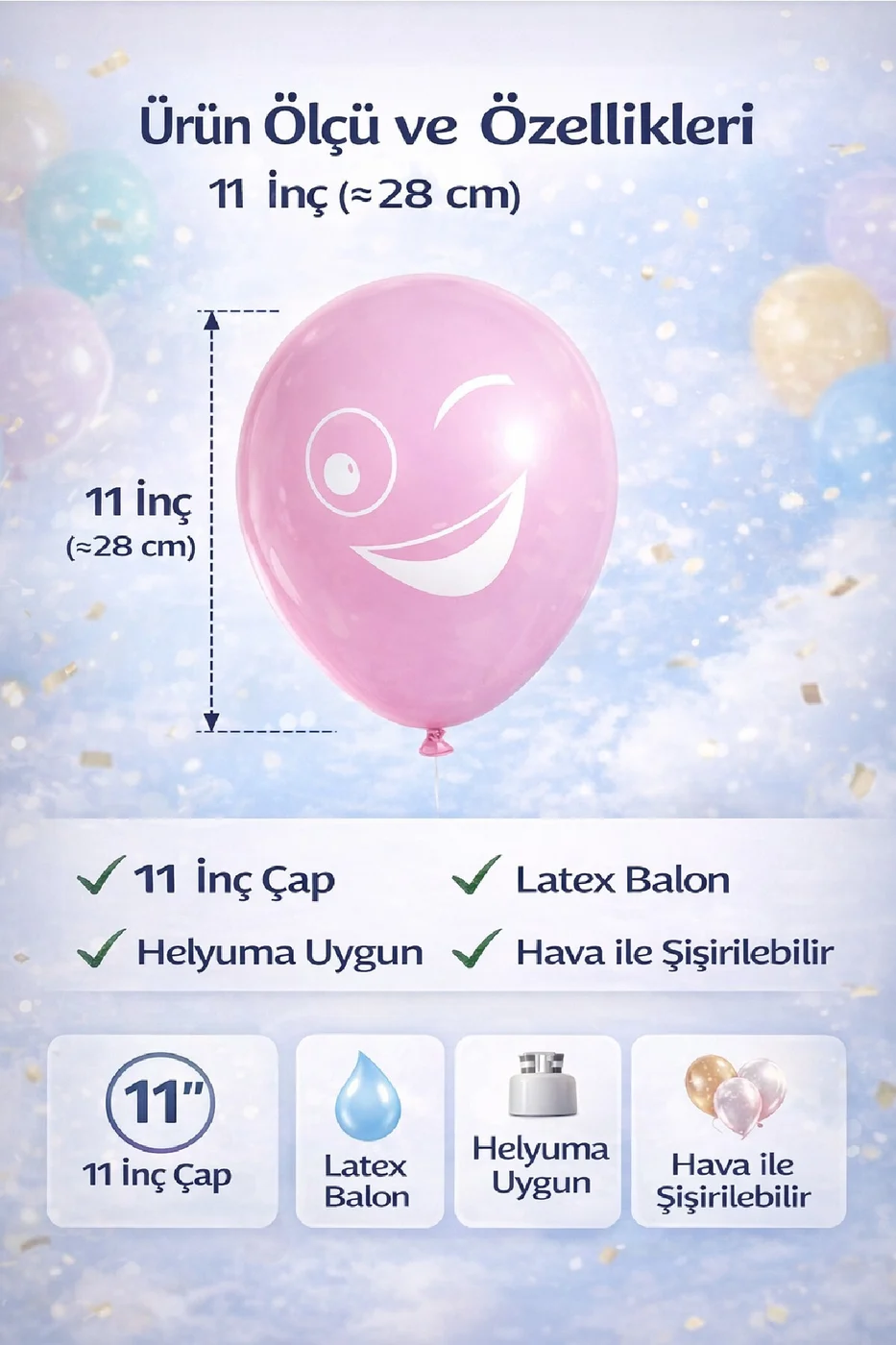 10'lu Gülen Emoji Balon Seti – Renkli Latex Doğum Günü Parti Balonları (11 İnç) gorsel 5