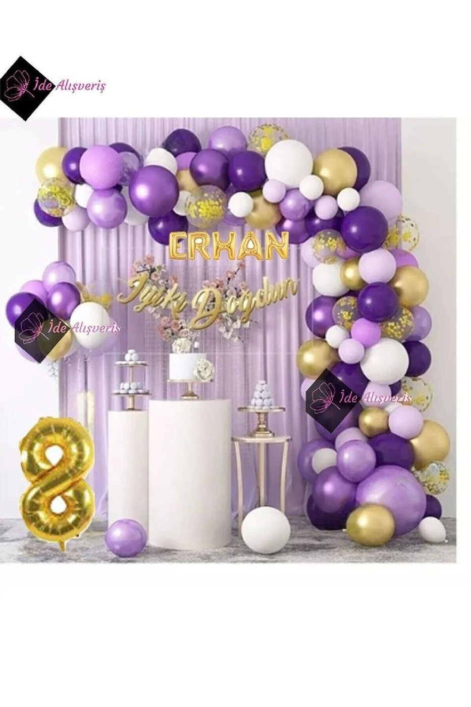5 Harf İsimli 8 Yaş Macaron Mor Balon Zinciri Seti Gölge Mor Altın Balon Dekorasyon
