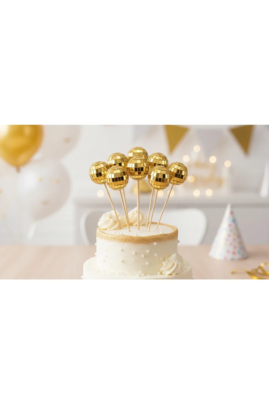 Gold Gümüş Disko Top Pasta Süsü (3’lü) – Şık Parti Cake Topper Pasta Süsü gorsel 2