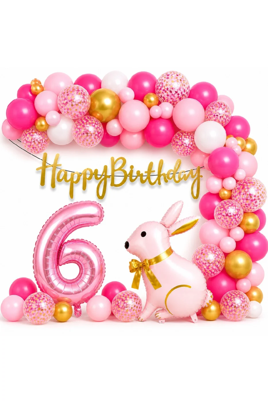 Pembe Tavşan Doğum Günü Seti 1-9 Yaş – Gold Balon Zinciri Happy Birthday Banner Parti Konsepti