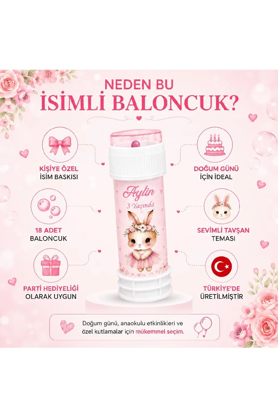 Kişiye Özel İsimli Baloncuk 18 Adet – Tavşan Temalı Doğum Günü Parti Hediyeliği Köpük Baloncuk Seti gorsel 2