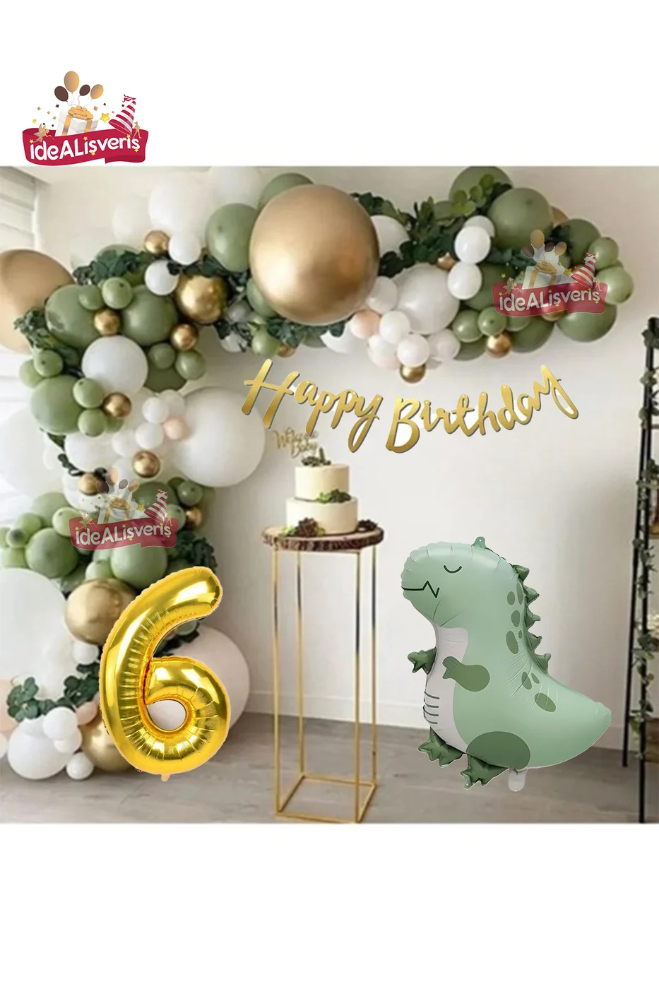 Retro Yeşil Dinazor Folyolu Küf Yeşili Gold Beyaz Balon Zinciri Seti Doğum Günü Parti Seti Süsü gorsel 6