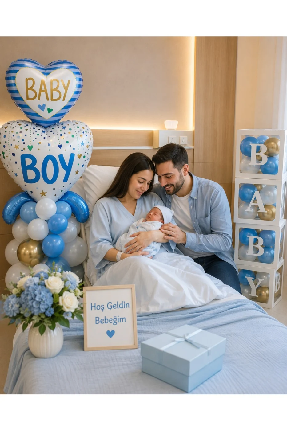 Baby Boy Hastane Odası Süsleme Seti - Balon Standlı Erkek Bebek Hastane Karşılama Dekorasyon Seti - 4'lü BABY Kutu, Balon Zinciri, Folyo Balon