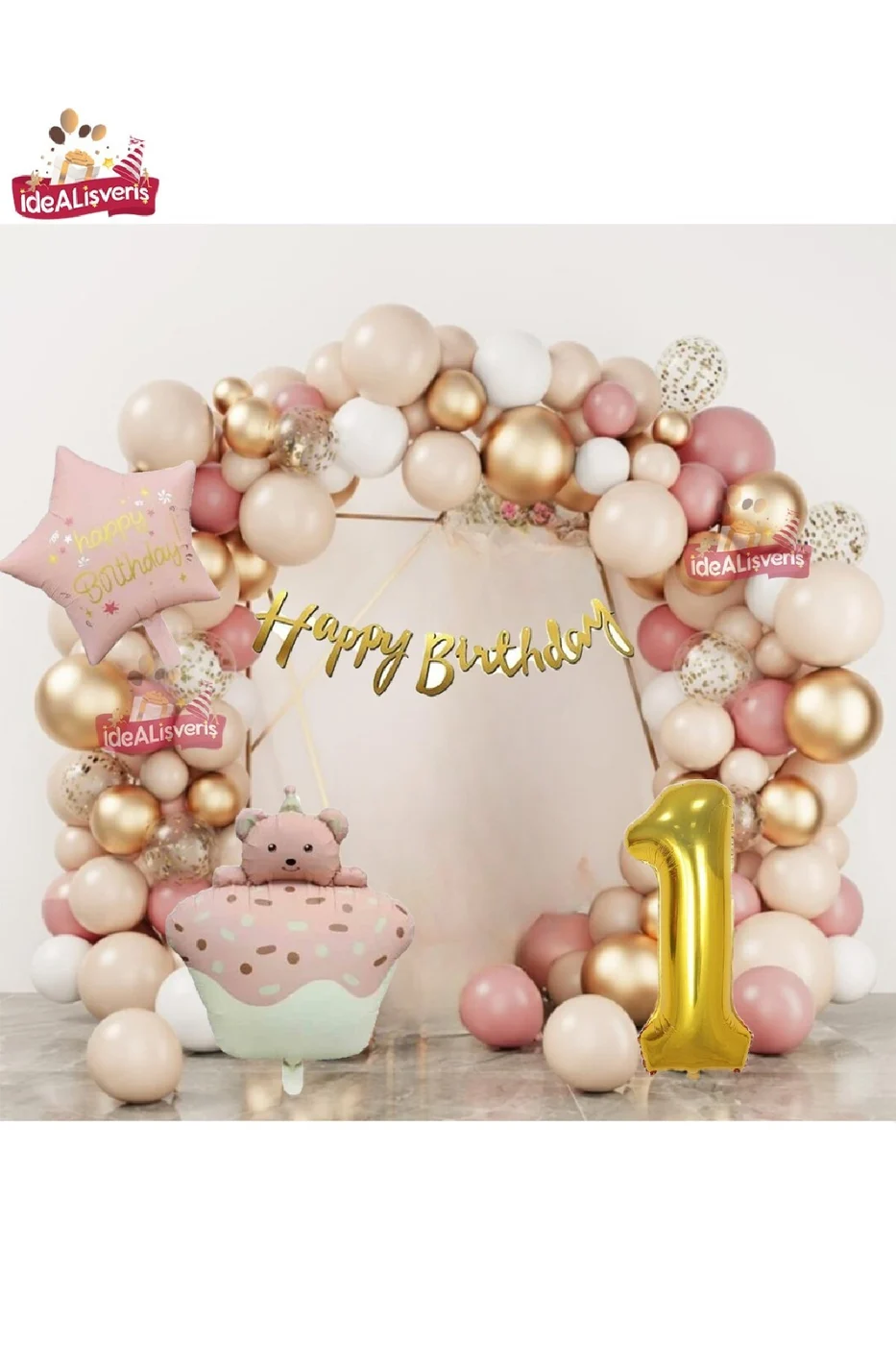 PEMBE RETRO KEK AYICIK KAFALI PEMBE RETRO YILDIZ GOLD 1 YAŞ FOLYOLU BALON DOĞUM GÜNÜ PARTİ SETİ SÜSÜ gorsel 2