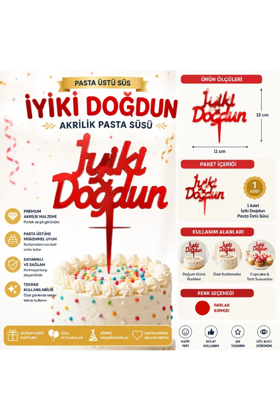 İyiki Doğdun ve Happy Birthday Pasta Üstü Süsü Yazısı Akrilik Parlak Doğum Günü Pasta Yazısı Topper 11x12 cm Doğum Günü Parti Pastası Dekoru