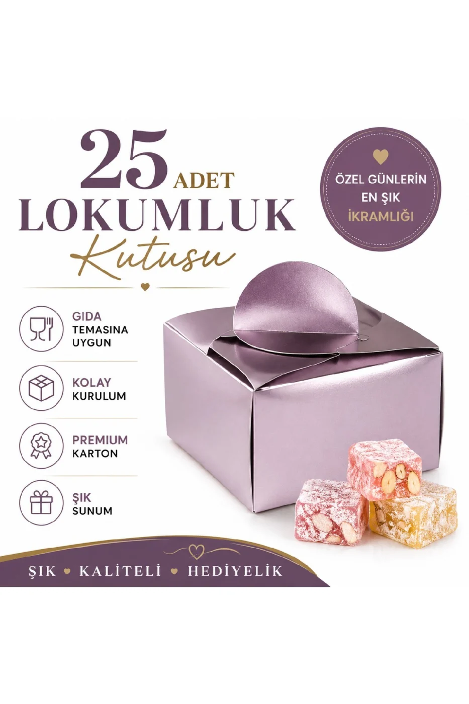 25 Adet Gold Gümüş Lokumluk Kutusu | Söz Nişan Düğün Mevlit Hediyelik Karton Lokum Kutusu | Premium Gold Gümüş gorsel 5