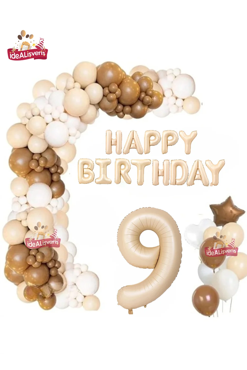 Bej Happy Birthday 9 Yaş Folyo Balon Bej Beyaz Kahverengi Konsept Doğum Günü Parti Seti