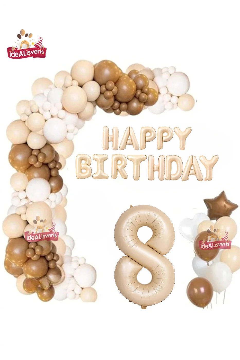 Bej Happy Birthday 8 Yaş Folyo Balon Bej Beyaz Kahverengi Konsept Doğum Günü Parti Seti
