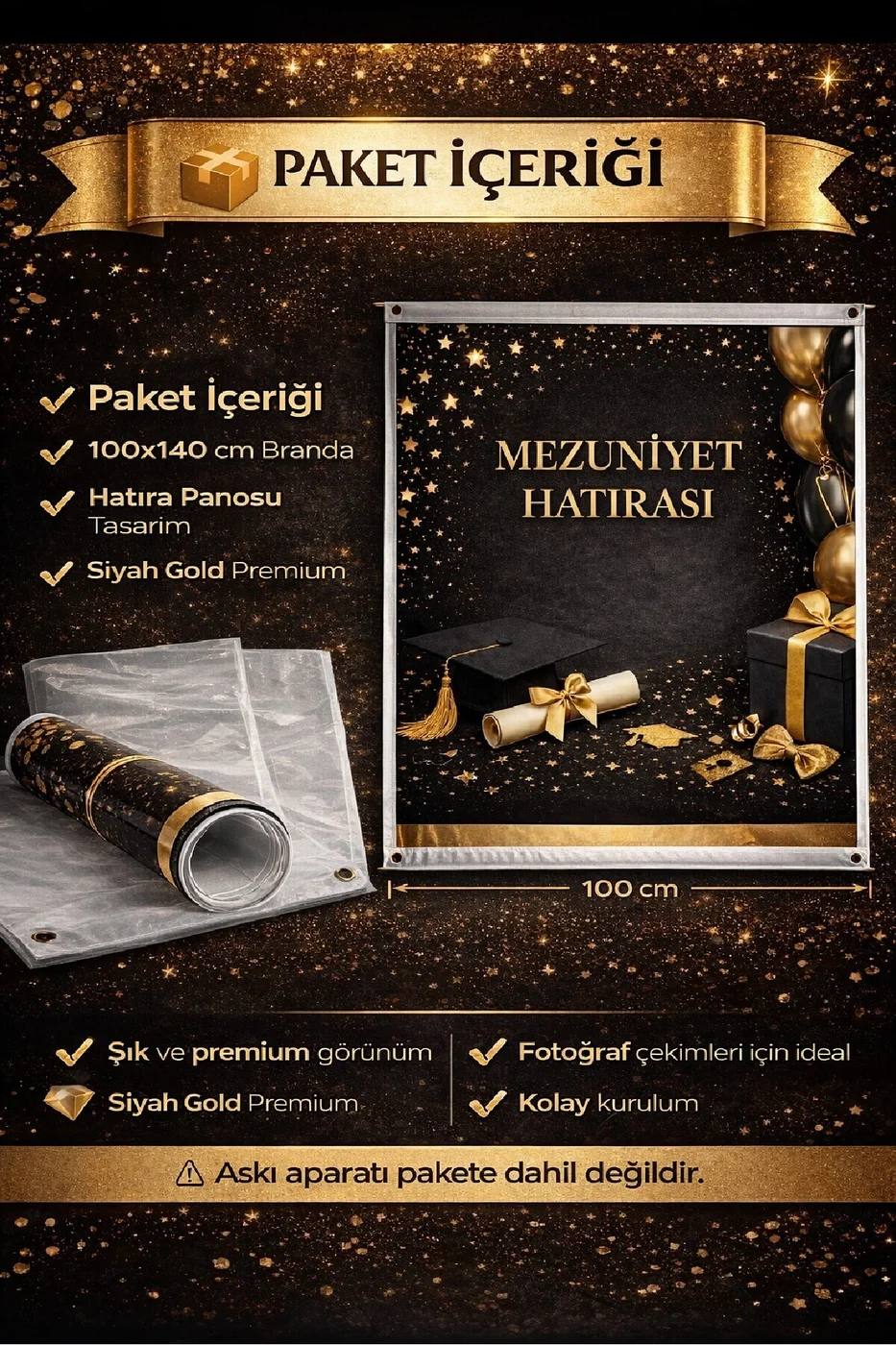 2026 Mezuniyet Hatırası Panosu Siyah Gold Afiş Backdrop Branda Fotoğraf Çekim Dekor Brandası gorsel 4