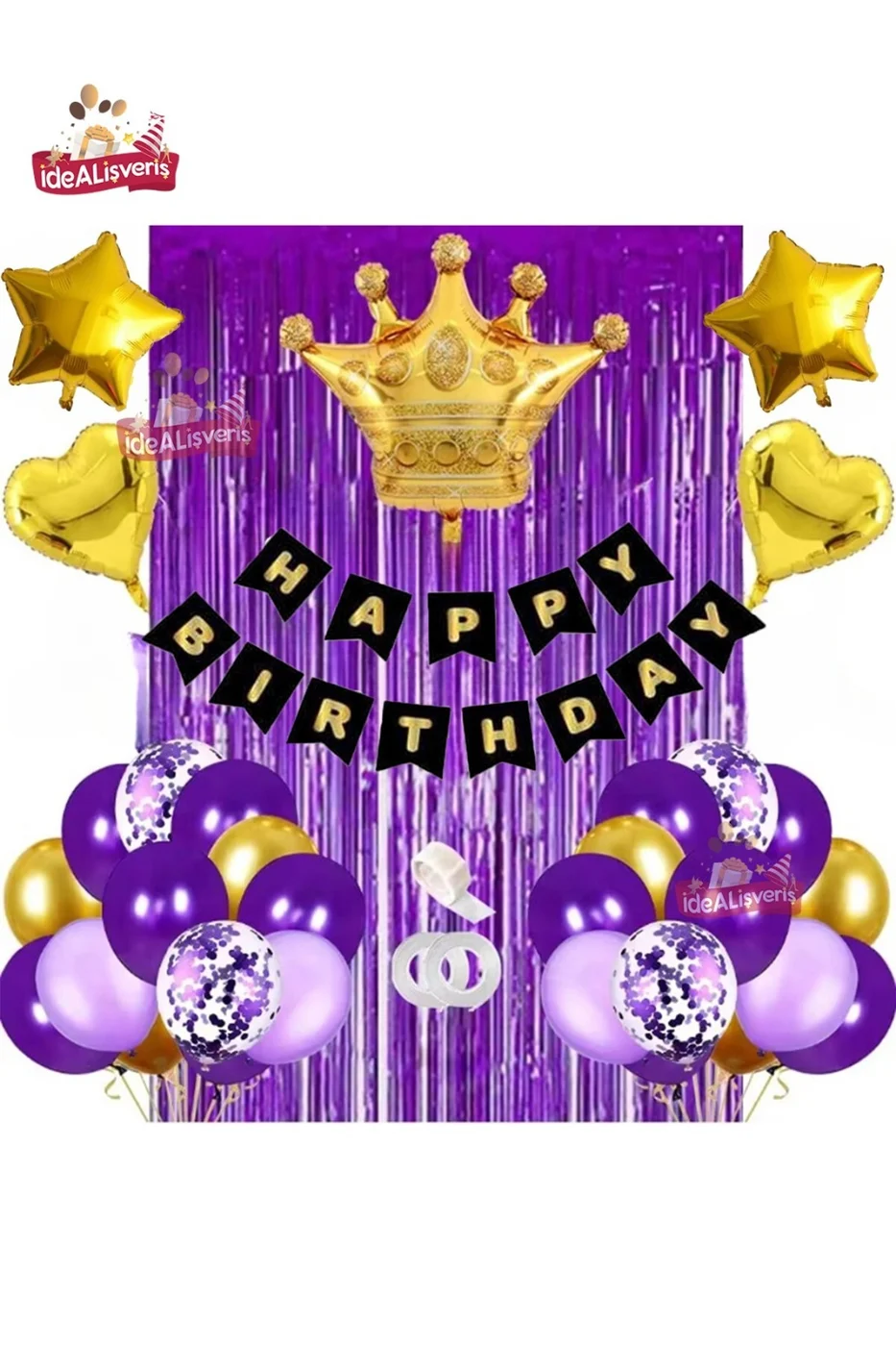 Happy Birthday Siyah Bannerlı Mor Lila Gold Doğum Günü Balon Zincir Seti