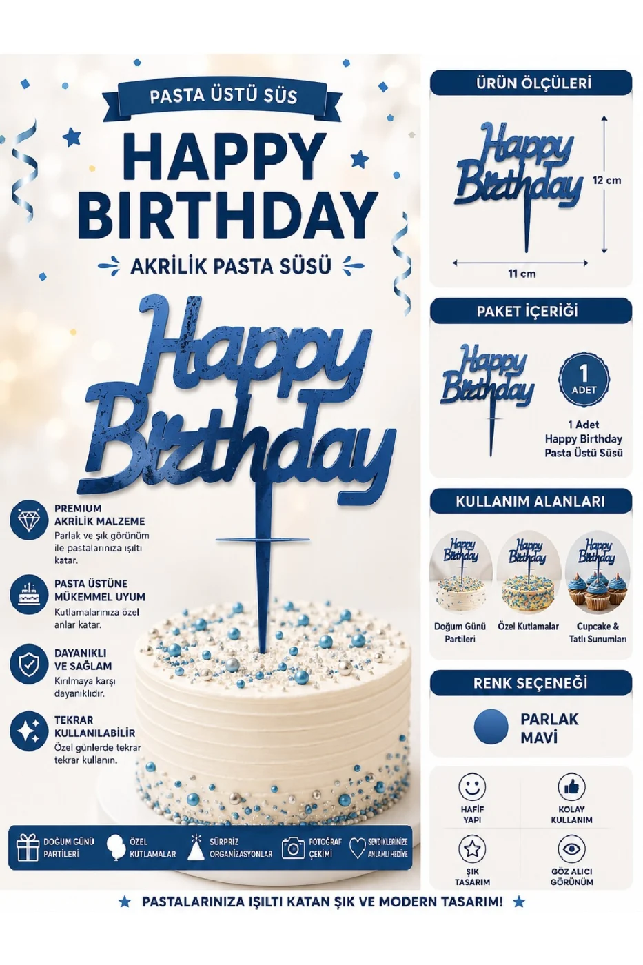 İyiki Doğdun ve Happy Birthday Pasta Üstü Süsü Yazısı Akrilik Parlak Doğum Günü Pasta Yazısı Topper 11x12 cm Doğum Günü Parti Pastası Dekoru gorsel 2