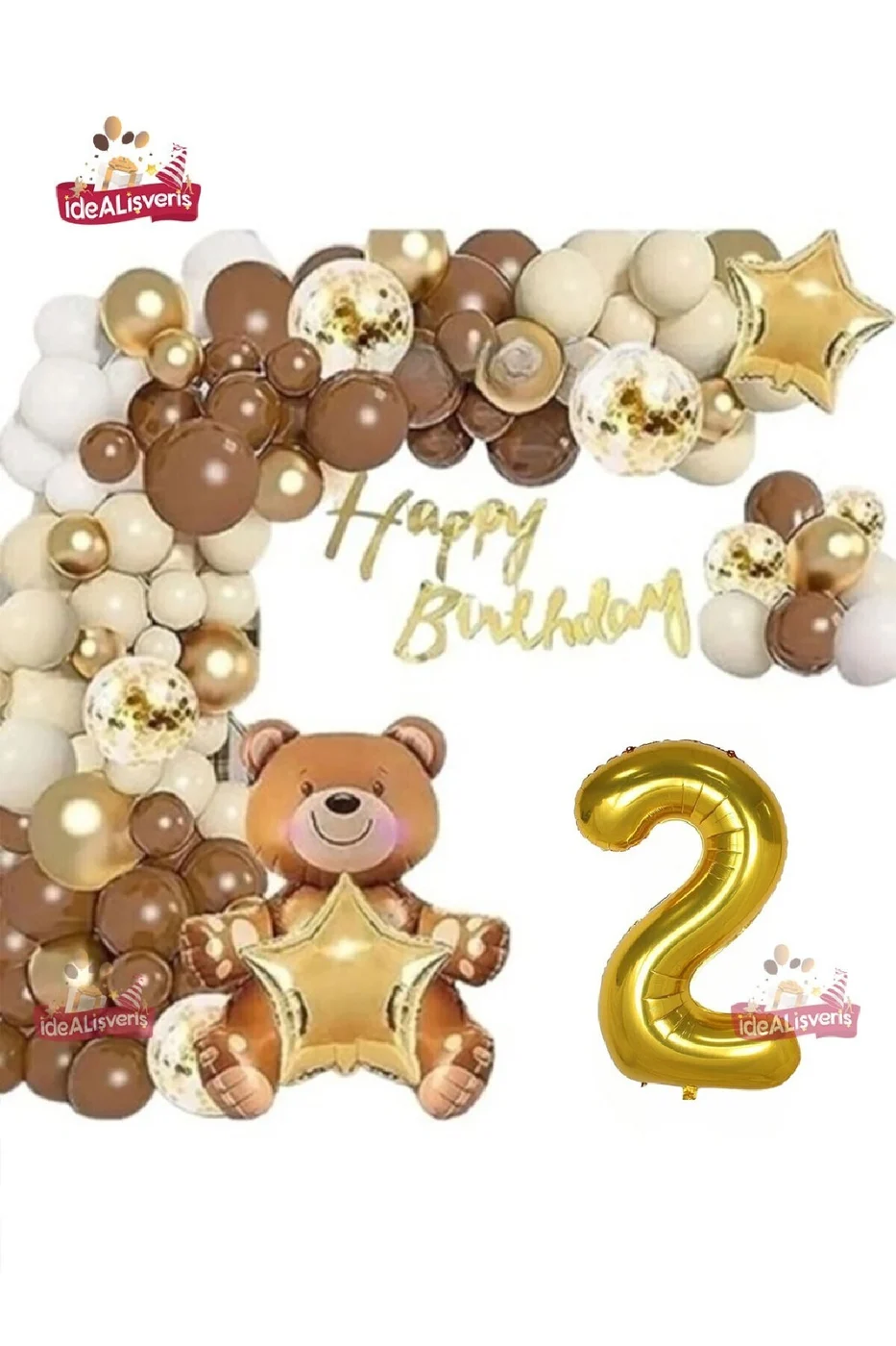 LÜKS KAHVERENGİ OTURAN AYI 2 YAŞ BALON SETİ DOĞUM GÜNÜ SÜSÜ PARTİ SETİ gorsel 3