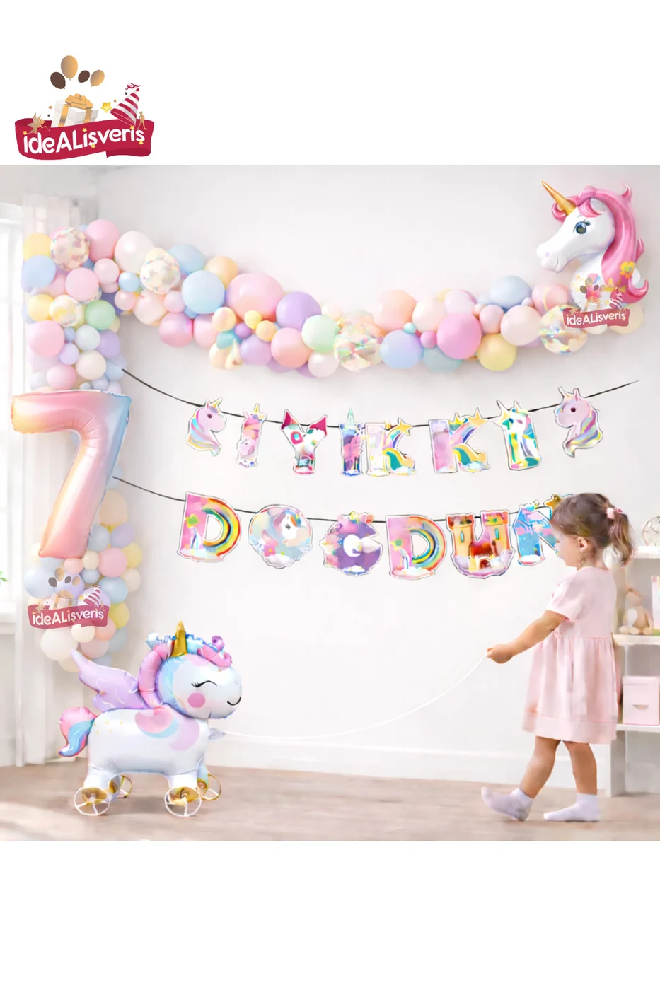 Tekerlekli Unicorn Doğum Günü Konsept Seti – Çekilebilir Folyo Yaş Balonlu Makaron Balon Zinciri