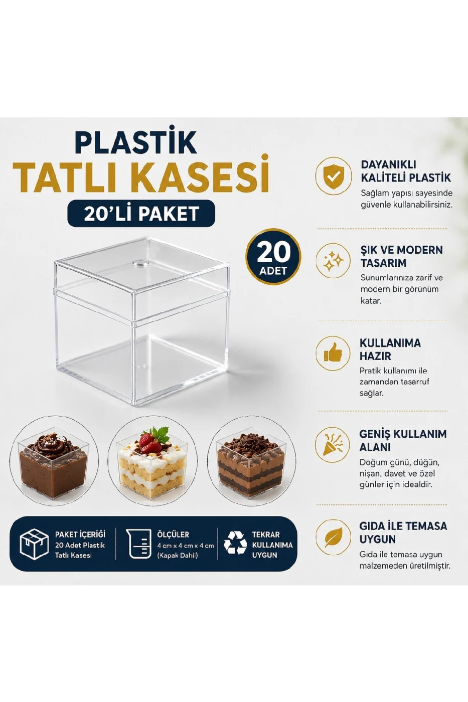 Plastik Tatlı Kasesi 20'li Paket 4x4 cm Kapaklı | Mini Magnolia, Puding, Tiramisu ve Cheesecake Sunum Kabı