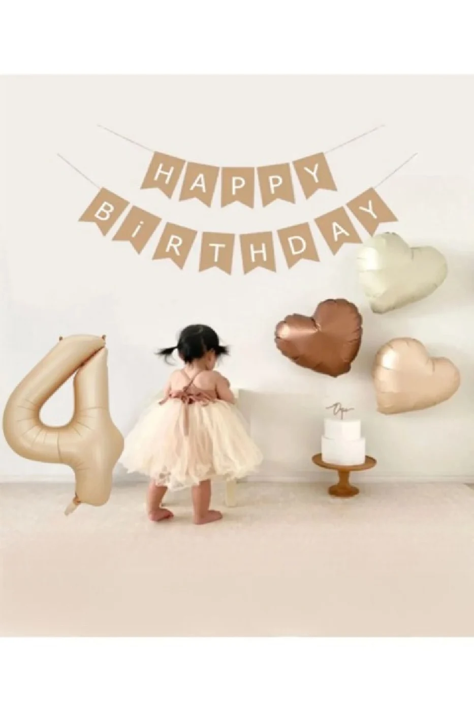 Bej Rakam Folyo Balon Retro Kalp Folyo Balon Seti Kraft Gold Altın Happy Birthday Yazı Banner gorsel 5