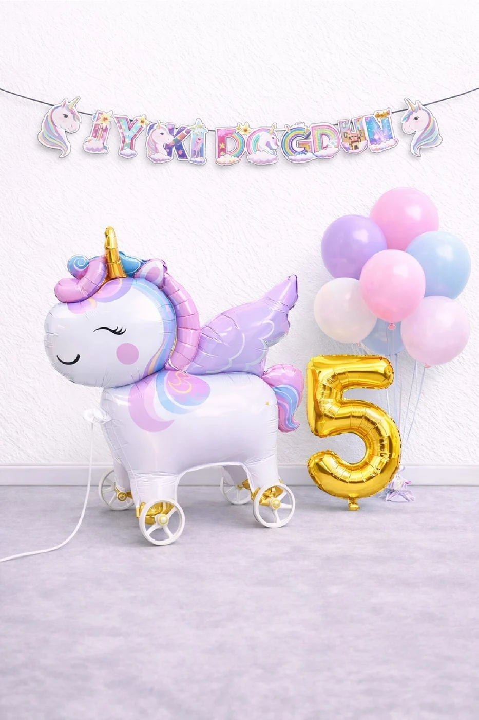 Mini Tekerlekli Unicorn Balonlu Karışık Balonlu Doğum Günü Seti Gold Rakamlı Parti Seti Süsü