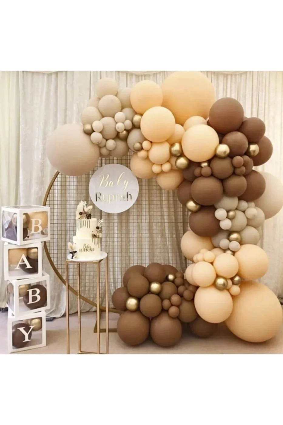 Baby Beyaz Kutulu Pastel Kahverengi Krem Ve Ten Rengi Gold Krom Balon Zinciri  Doğum Günü Balon Set gorsel 2