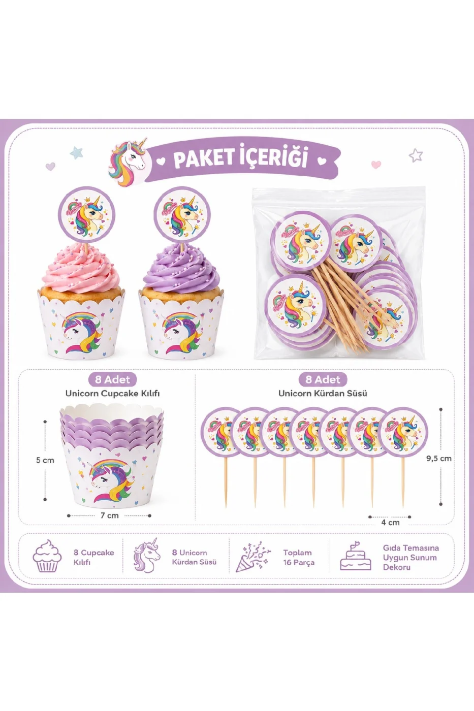 Unicorn Cupcake Süsü 8'li Set | 8 Cupcake Kalıbı + 8 Unicorn Kürdan | Doğum Günü Parti Malzemeleri | Baby Shower | Diş Buğdayı gorsel 3