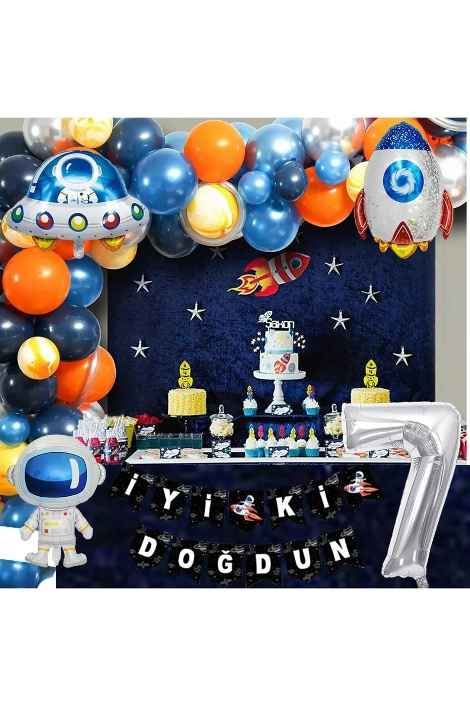 Uzay Temalı Doğum Günü Seti 7 Yaş; 4 Adet Folyo, 50 Lateks Balon, Banner, Balon Zinciri, Balon Bandı