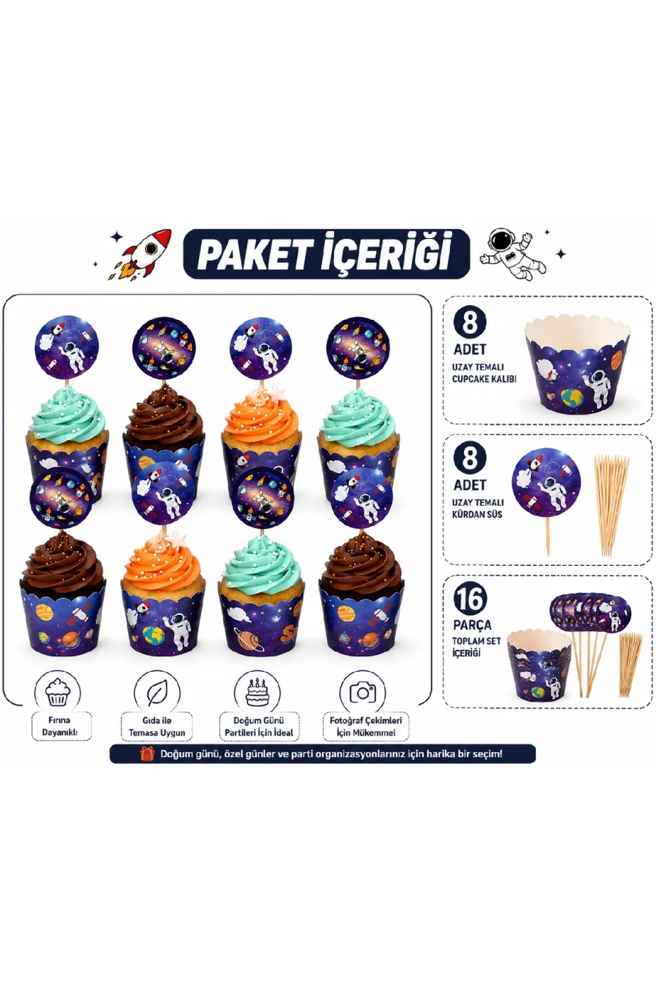 Uzay Temalı Cupcake Kalıbı ve Kürdan Seti 16 Parça | 8 Cupcake Kalıbı + 8 Uzay Cupcake Süsü | Astronot Roket Doğum Günü Parti Süsleri gorsel 2