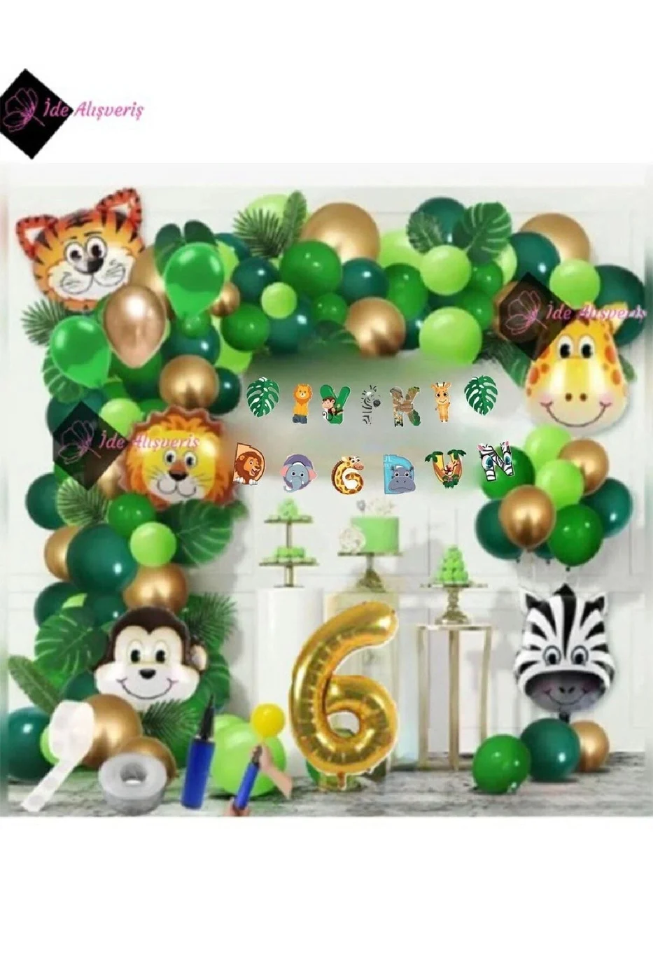 6 Yaş Iyi Ki Doğdun Uzar Yazı Safari Temalı Folyo Lüks Zincir Balon Seti gorsel 2