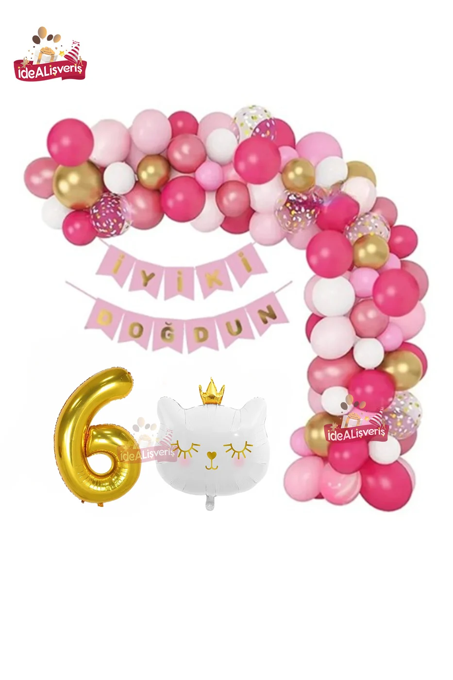 Bannerli Beyaz Kedi 6 Yaş Gold Folyo Balonlu Pembe Gold Beyaz Doğum Günü Parti Seti