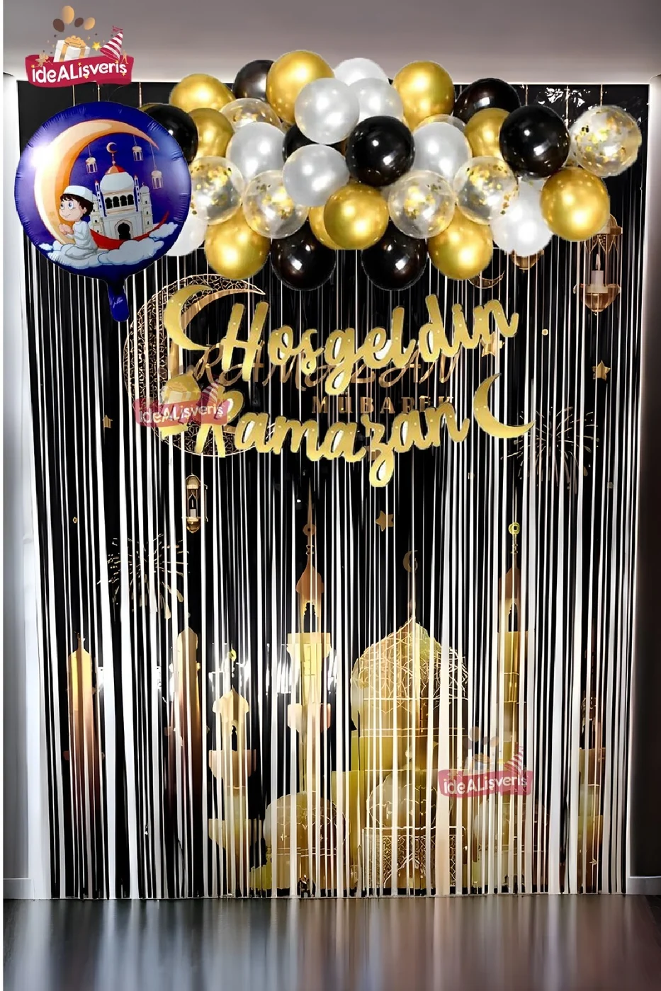 HOŞGELDİN RAMAZAN BASKILI ARKAFONU VE YAZILI MAVİ YUVARLAK FOLYO BALONLU GOLD BALON ZİNCİRLİ SET