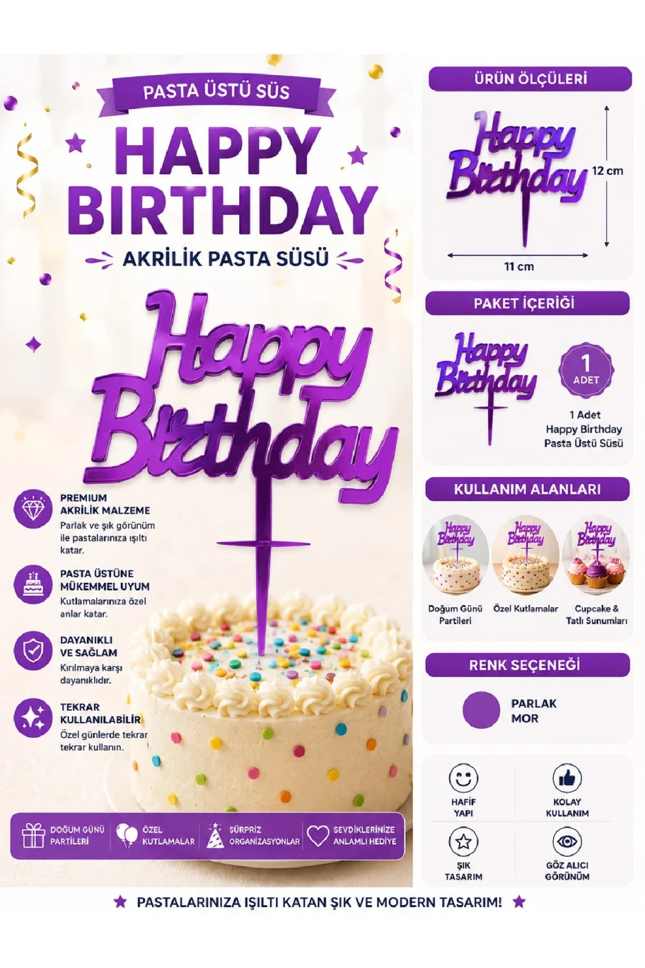 İyiki Doğdun ve Happy Birthday Pasta Üstü Süsü Yazısı Akrilik Parlak Doğum Günü Pasta Yazısı Topper 11x12 cm Doğum Günü Parti Pastası Dekoru